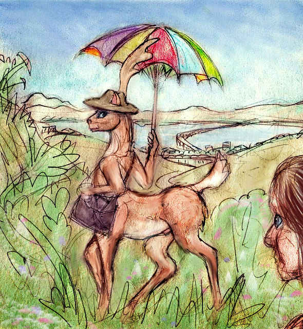 Sketch of a dream by Chris Wayan: a businessbuck, a deer with centauroid hands, one antler, a fedora hat, and a parasol.