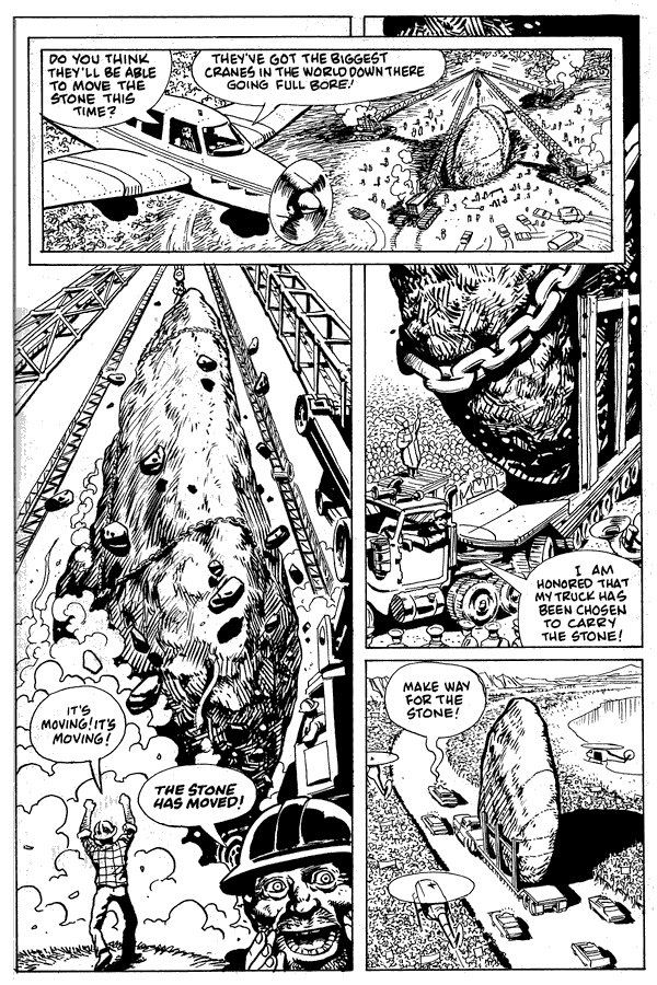 A huge, immovable, apparently sacred stone disk gets moved at last; dream-comic by Rick Veitch. Click to enlarge.