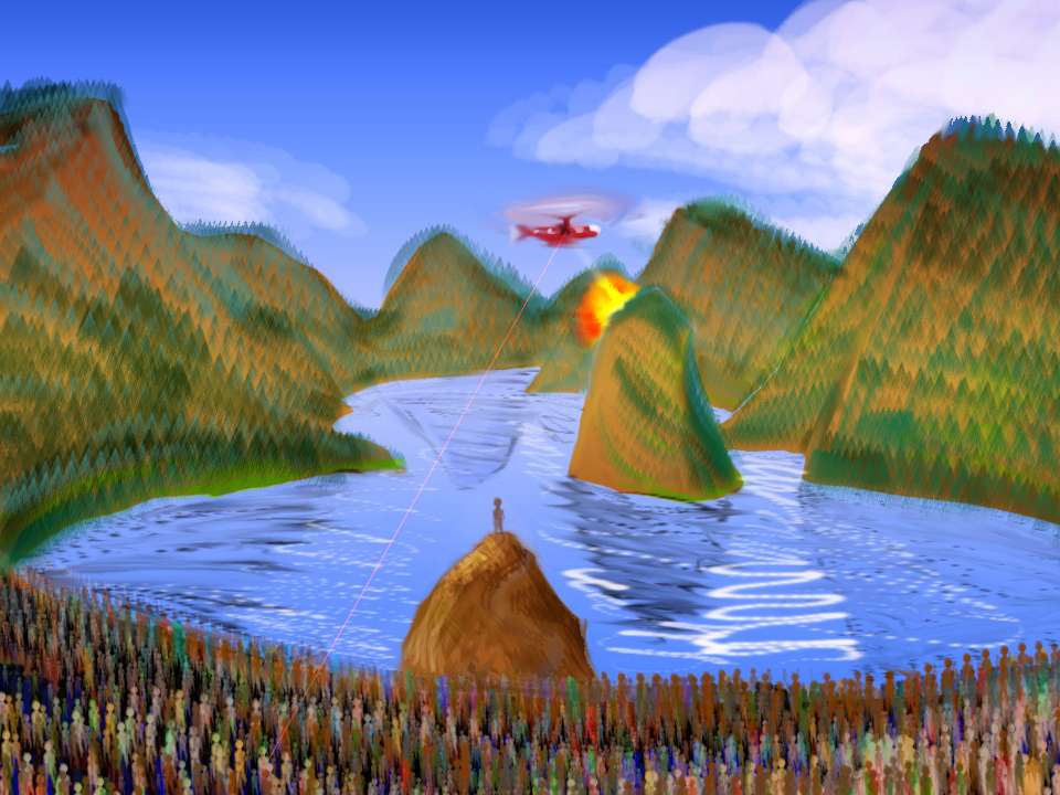 Sketch of a dream by Chris Wayan: a man on a rock by a lake amid crags prepares to speak to a crowd on shore. A chopper hovers in the distance.