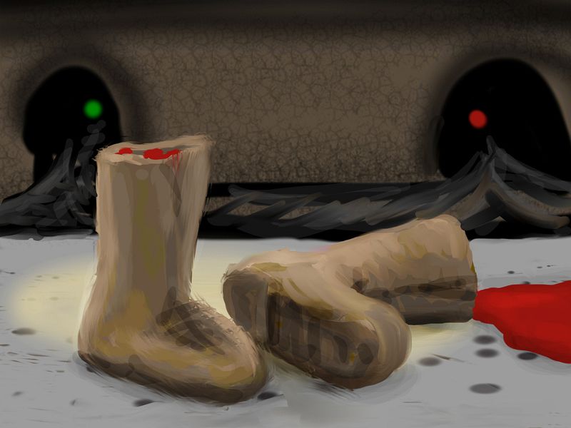 Boots of a suicide in NY subway, 1914; sketch by Wayan.