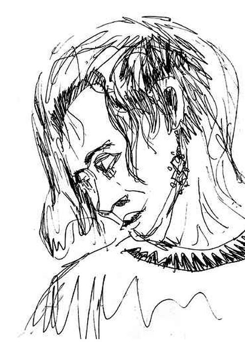 Ink sketch of woman with face turned to side, looking down, sad: Cory the dreamer. Sketch by Wayan.