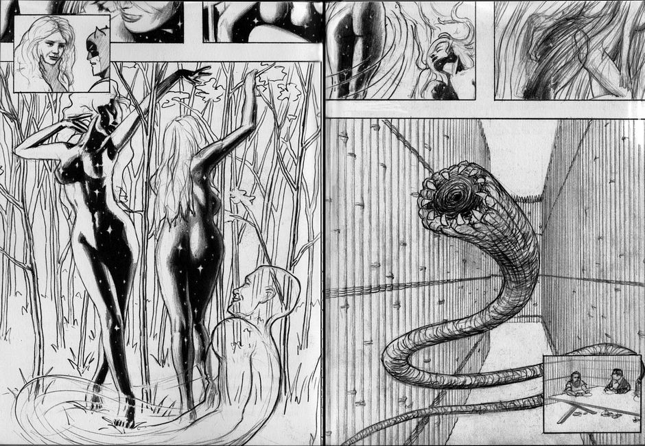 Two women dance in a wood, summon a weird lamprey-worm-snake. Dream sketch by Jim Shaw. Click to enlarge.
