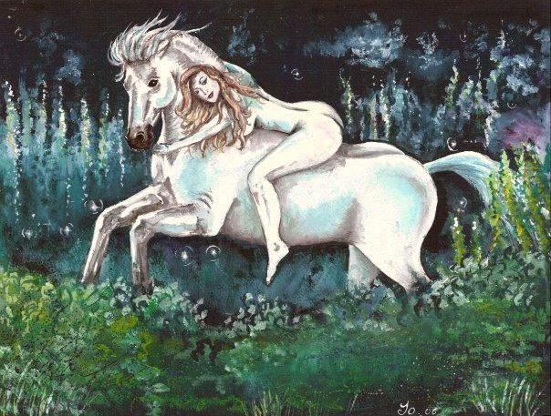 Painting by Jo Equinity. A nude woman rides a white horse through meadows at night. Title: 'Epona Dreams'.