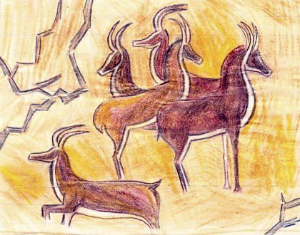 Pencil sketch by Wayan of a prehistoric cave painting of four antelope.