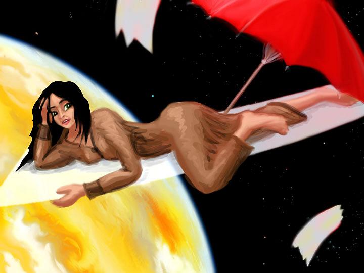Digital paint-sketch from a dream by Chris Wayan: woman in a brown raincoat orbits a golden swirling planet. She lies on a curved shard of glassy ring, next to a red umbrella, as if she's at the beach. She looks anxious.