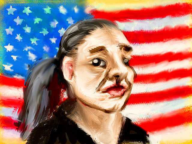 Digital paint-sketch from a dream by Chris Wayan: head of a graying, thoughtful-looking Native American man. Background: stars and stripes of a U.S. flag.