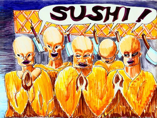 Six Buddhist sushi masters with saffron robes and cleavers.