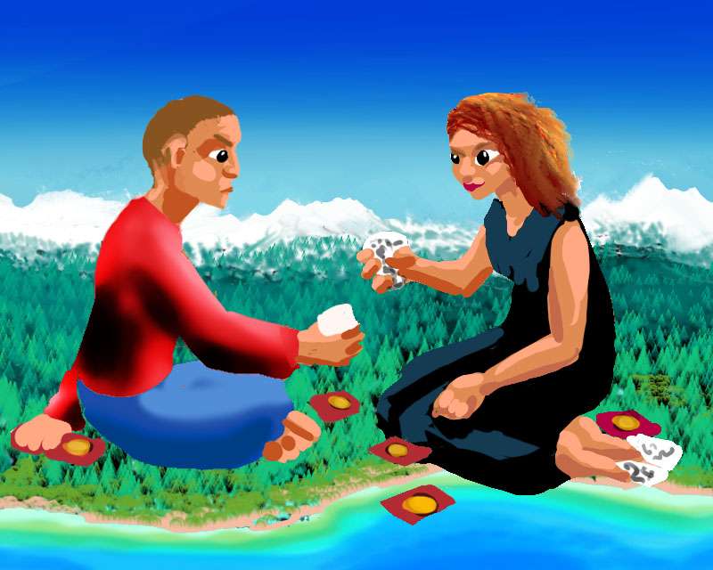 Digital sketch of a dream by Wayan: my sister and I levitate over Lake Tahoe, playing cards with a Tarot deck.