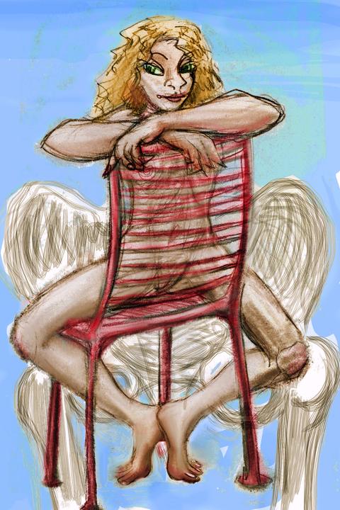 My friend Lucinda sits nude in a slat-chair. Dream sketch by Wayan. Click to enlarge.
