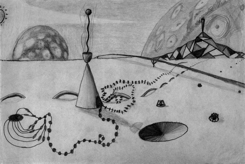 Surreal pencil landscape by Chris Wayan, done age nine or so, as a homage to Yves Tanguy.
