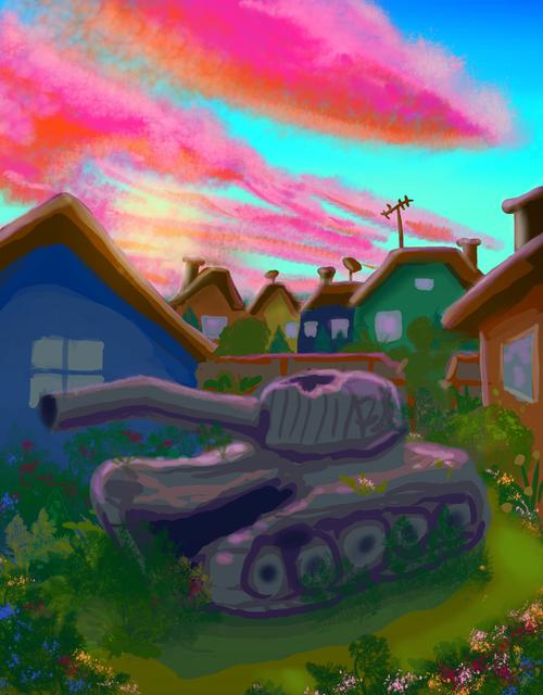 Burnt tank in a weedy lot at sunset. Dream sketch by Wayan. Click to enlarge.
