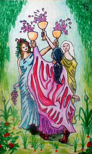 tarot card: 3 of cups: three women pledge friendship.