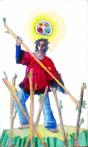 Tarot card: 7 of wands: An outstanding person beset by six critics.