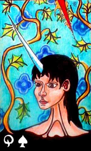 Tarot card: Queen of Swords: Unicorn woman must take care not to inadvertently skewer.