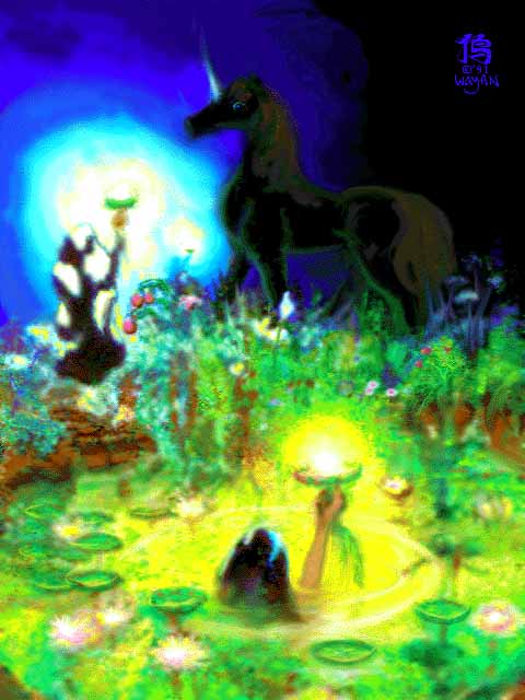 Tarot card: Ace of Cups: the Well of Feelings guarded by a black unicorn