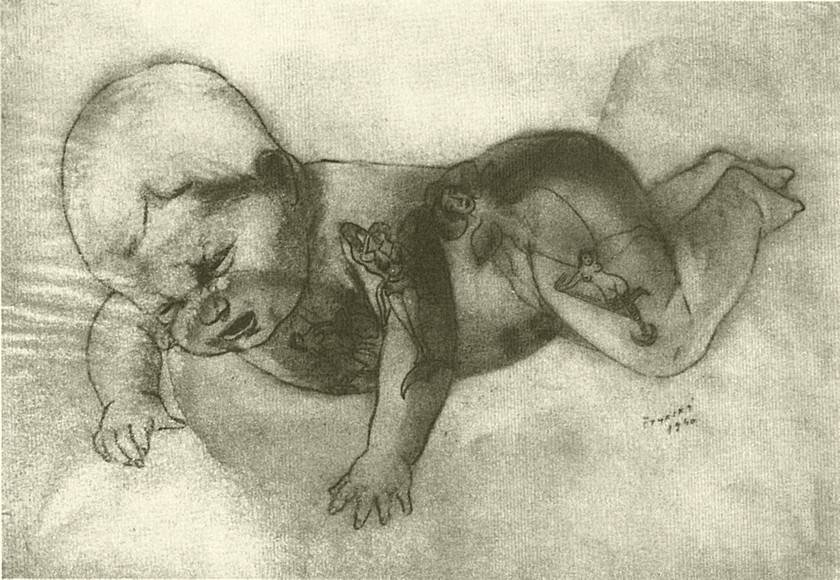 'Tattooed Infant', 1940 dream sketch by Jindrich Styrsky. Click to enlarge.