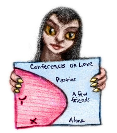 Sketch of a dream by Wayan: an owl-like girl holds up a chart showing the curve of her happiness at various levels of socializing. Solitude isn't bad; some social life is ideal; too much is misery.