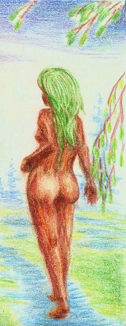 Green-haired dryad walking. Dream sketch by Wayan.