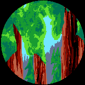 Round small sketch of redwood trees.