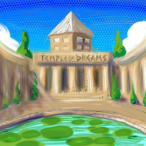 Dream version of the de Young Museum in San Francisco, as an Egyptian temple of dreams. Sketch by Wayan. Click to enlarge.