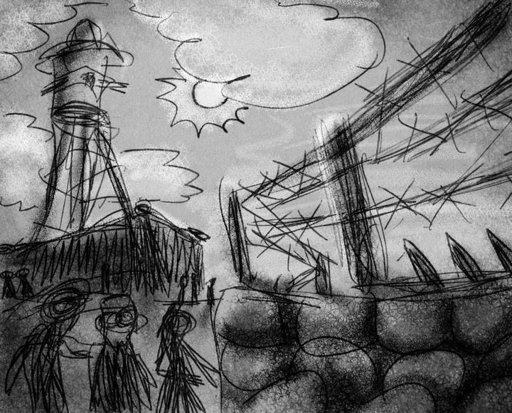 A barbed wire compound--WW2 internment camp? Dream sketch by Wayan.