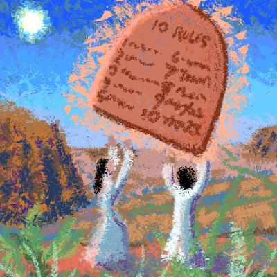 Stone tablet in desert with ten commandments on it. Dream sketch by Wayan. Click to enlarge.