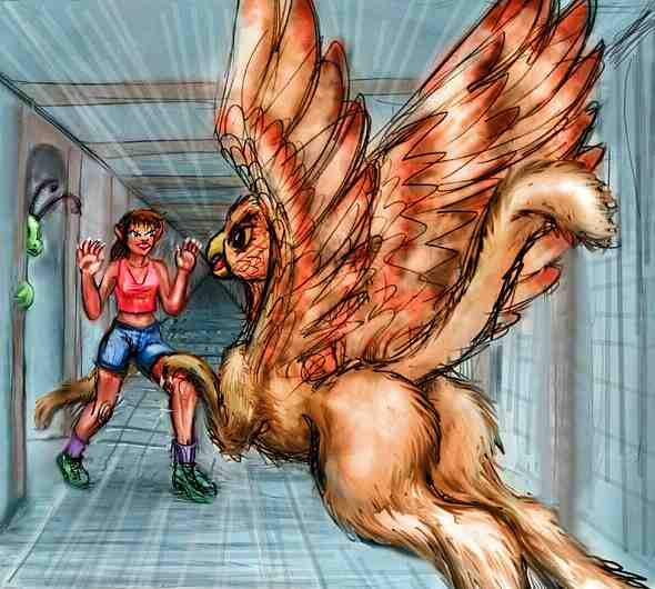 Dream-sketch: a gryphon attacks a girl (me) in an infinite corridor. In defense, she grows lion claws, tail and fangs!  Click to enlarge.