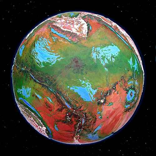 Tharn, a dry rather Martian world-model; high orbital photo.