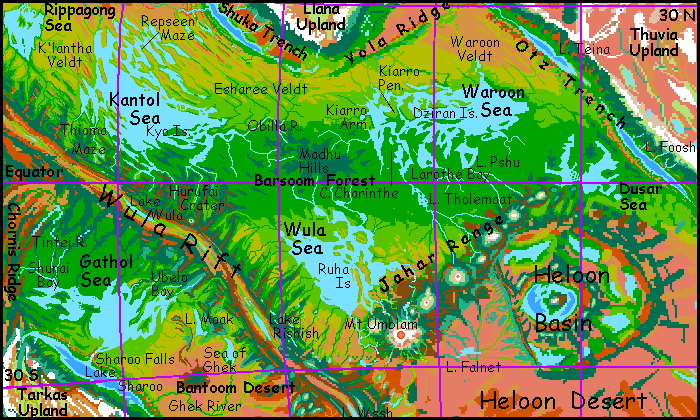 Map of the Barsoom Basin, an equatorial region of seas and rainforests--the wettest area on Tharn, a dry, rather Martian world-model.