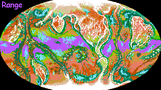 Distribution map of an intelligent species called bos, native to Tharn, a dry thin-aired world