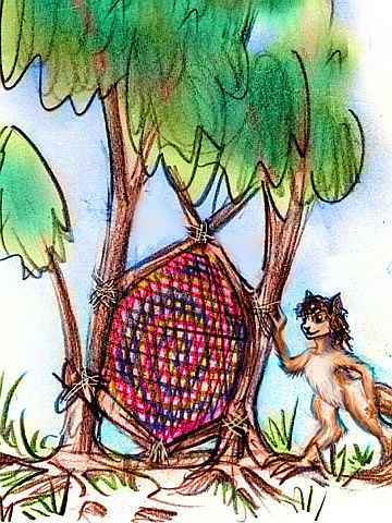 A camaroo (a bipedal, long-tailed furball) displaying fabric on a hexagonal loom. Camaroos are one of a dozen intelligent species on Tharn, a biospherical experiment.