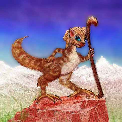 A camaroo, a sort of intelligent furry ostrich, leaning on a spear on a crag. One of a dozen intelligent species on Tharn, a biospherical experiment.