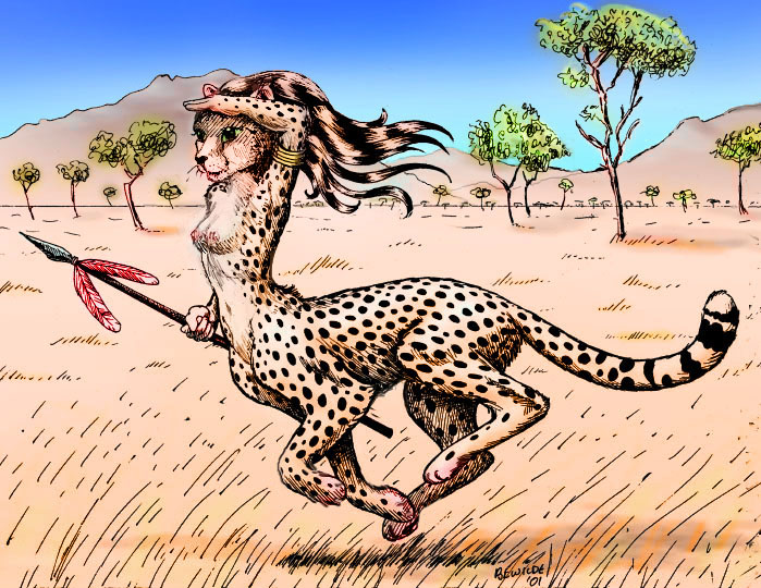 Female centah in profile, loping across savanna on Tharn, an experimental world-model. Image based on an ink sketch by Bridget Wilde of VCL.