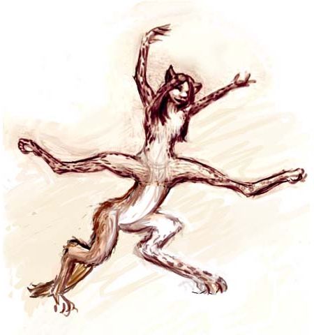 A centah (a feline centauroid), pouncing playfully, all limbs spread wide as a starfish. Centahs are native to savanna on Tharn, a mostly dry thin-aired world