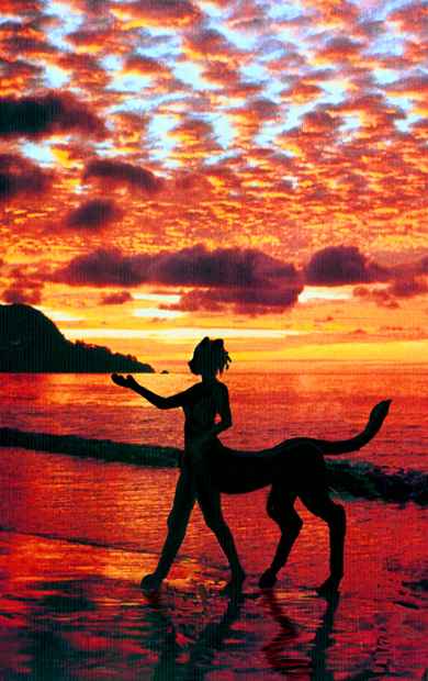A centah (a feline centauroid), silhouetted by a sunset on the shore of Lake Shillim in Heloon Basin on Tharn, a mostly dry thin-aired world. Click to enlarge.