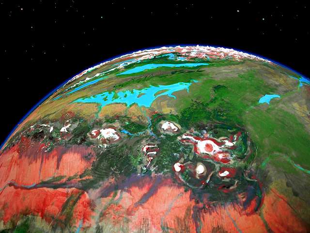 Orbital photo of the southern deserts, the Chinchak Range, and Polodona Rainforest on Tharn, a mostly dry Marslike world-model. Click to enlarge