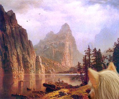 Misty crags (adapted from a 19th Century oil of Yosemite by A. Bierstadt), with windows and balconies; the Yarr Range on Tharn, a biosphere-model much like a warm Mars.
