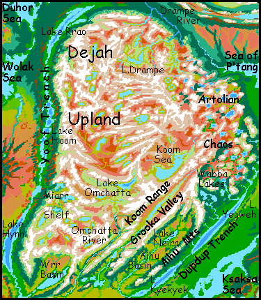 Map of Dejah Upland region on Tharn, a dry rather Martian world-model.