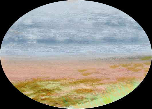 Oval sketch of a hazy, dusty desert under a mackerel sky.
