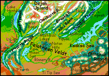 Map of the equatorial Felatheen Veldt on Tharn, a mostly dry Marslike world-model.