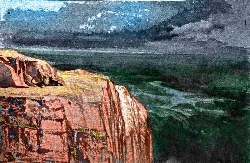 Two black and white lebbirds sunning on a ledge above tattered rainclouds in Otz Trench, a linear oasis on Tharn, a dry, rather Martian world-model. Image based on a watercolor by Edward Lear.