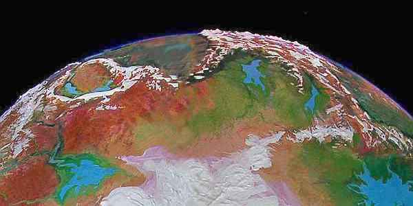 Orbital photo of the subarctic P'droma Desert between the Umka, Gahan and Haja Seas on Tharn, a dry Marslike world-model.