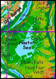 Map of the Hastor Sea, Invak Forest and Obara Cataracts on Tharn, a mostly dry Marslike world-model.