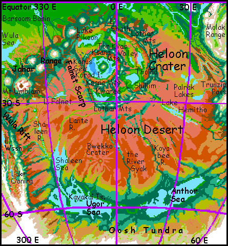 Map of Heloon Crater and the Heloon Desert on Tharn, a dry, rather Martian world-model.