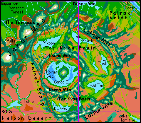 Map of Heloon Crater on Tharn, a dry, rather Martian world-model.