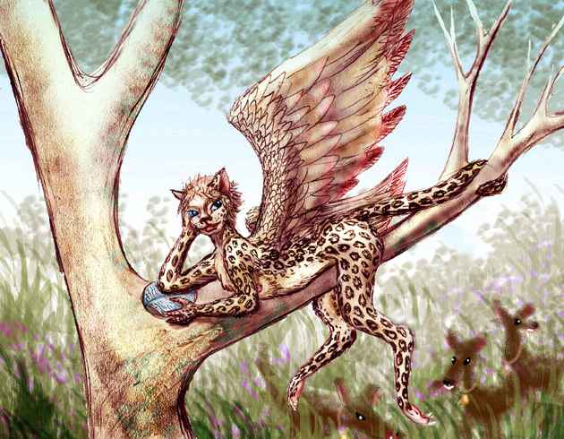 Sketch of a lebbird reading a book, sprawled on a branch above her herd of dark brown milk-monkeys. Leopard torso and spots, but handlike forepaws, hawklike wings, a high forehead and large eyes. Click to enlarge.