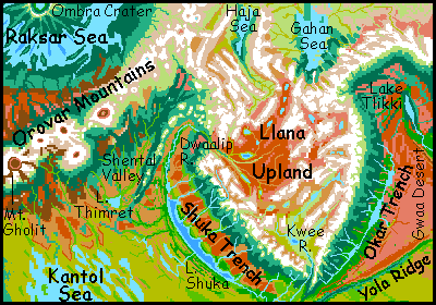 Map of Llana Upland, on Tharn, a rather dry, Martian world-model.