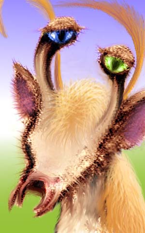 Head of a lobbra: a gold-furred crustacean with antennae, sideways jaws, and two independent eyes on stalks (one blue, one green). Native of the prairies on Tharn, a dry, rather Martian world-model