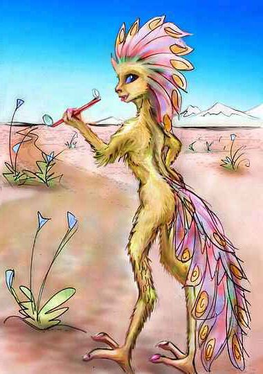 A short-feathered desert mop, a gracile, bipedal dinosaurian two meters tall (including crest). This red-crested, gold-scaled female holds a home-made spyglass. One of a dozen intelligent species on Tharn, a biospherical experiment. Click to enlarge.