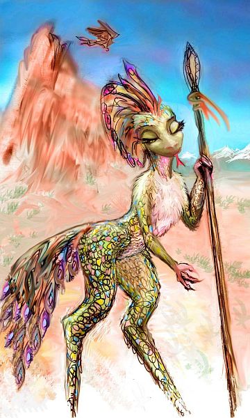 A 'scaly mop', a gracile, bipedal dinosaurian two meters tall (including crest), leaning on a spear in the desert. One of a dozen intelligent species on Tharn, a biospherical experiment.